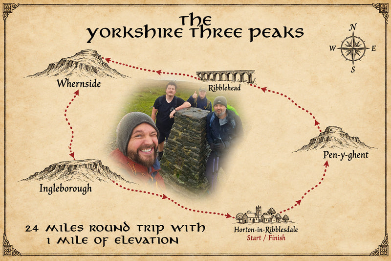 Yorkshire Three Peaks route map: Horton-in-Ribblesdale, Pen-y-ghent, Ribblehead, Whernside and Ingleborough