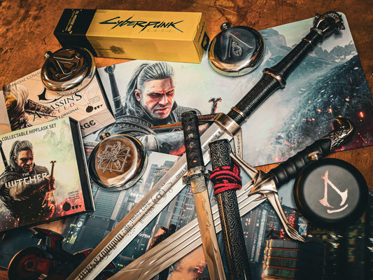 Witcher, Cyberpunk 2077 and Assassin's Creed hip flasks, sword replicas and mouse mats