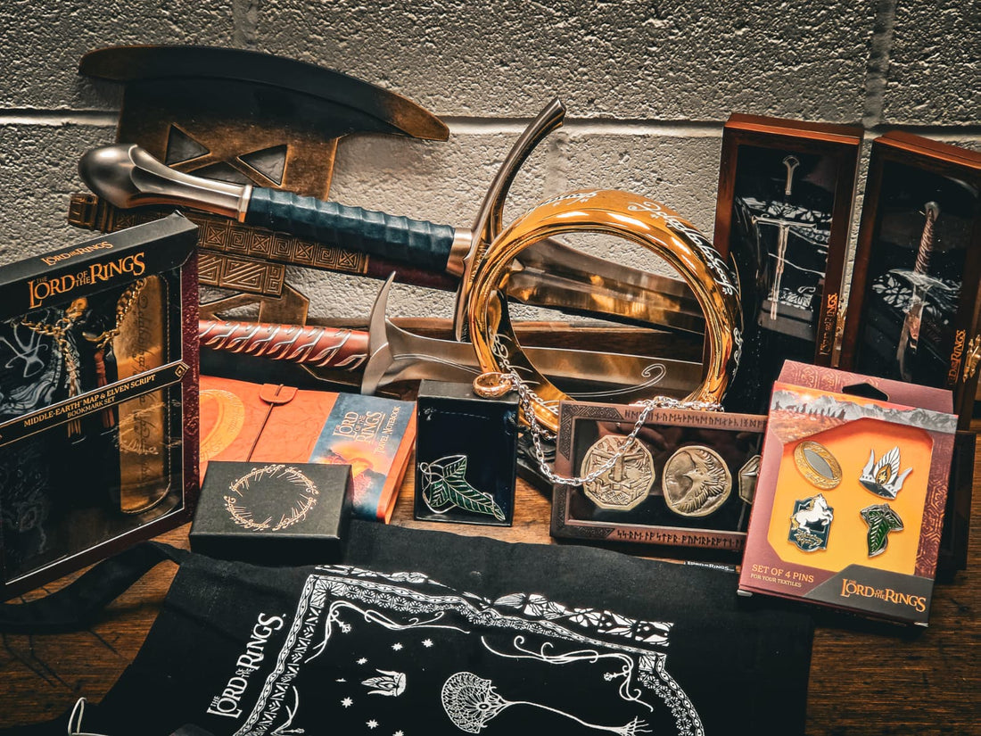 Lord of the Rings gifts including a sword replica, the One Ring, an Elven leaf brooch, enamel pins, bookmarks and a Middle-earth bandana