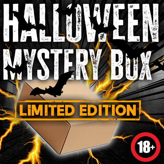Limited Edition Raven Forge Halloween Mystery Box – cardboard box with bats and lightning, 18+ only
