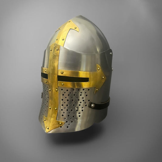 Brass and Steel Crusader Helmet - Visored - Trollkors